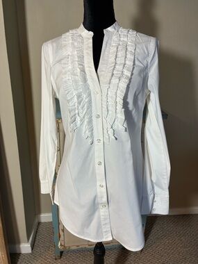 INC International Concepts White Ruffled Tuxedo Button Down Blouse. Size 6